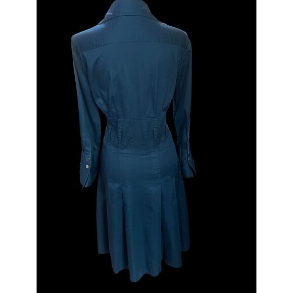 ALFANI ButtonUp Long Sleeve Fit & Flare Dress WOMEN, MED Navy Blue Pleated Skirt - Picture 4 of 9